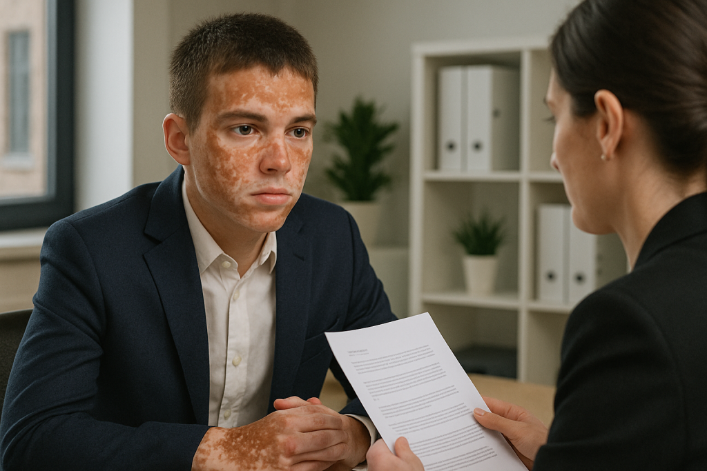 Persona con vitíligo en una entrevista de trabajo