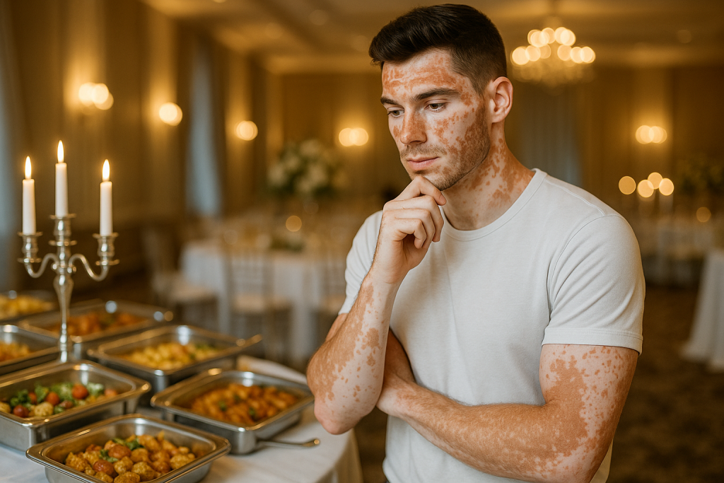 Hombre pensativo mirando a una selección de comida