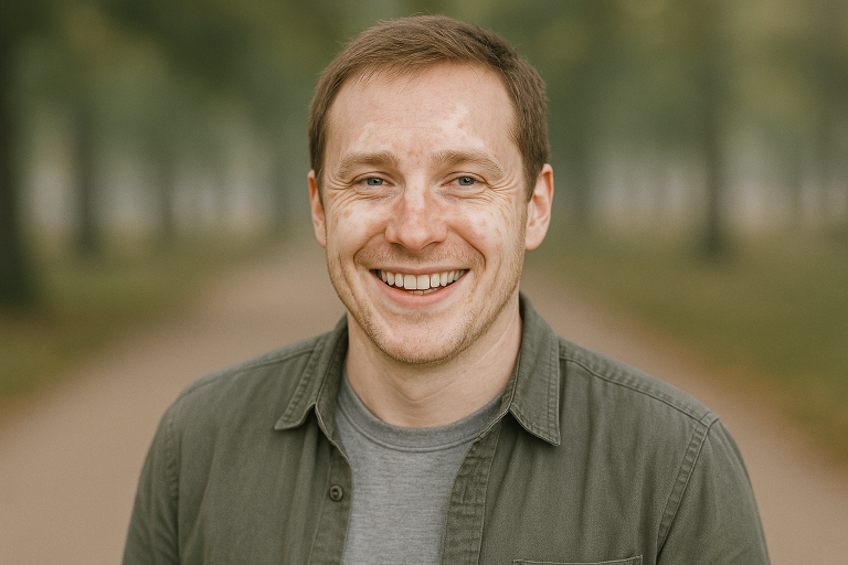 Hombre con vitíligo facial con una expresión alegre