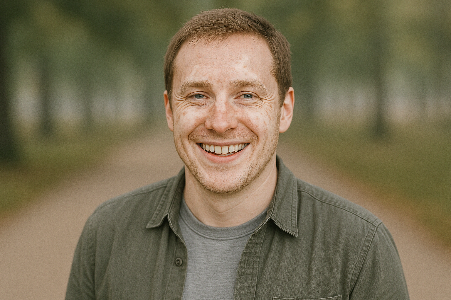 Hombre con vitíligo facial con una expresión alegre