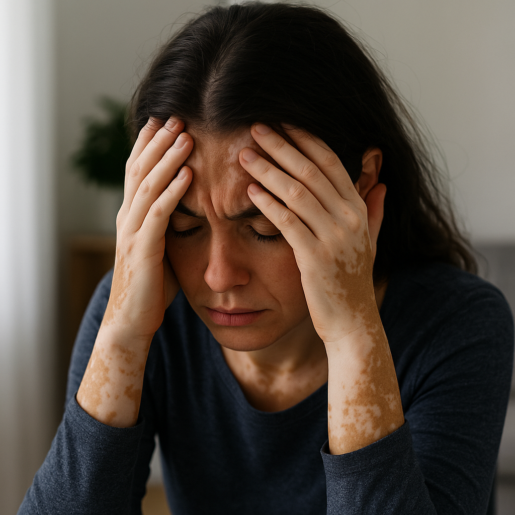 Mujer con vitíligo llevándose las manos a la cabeza, estresada.