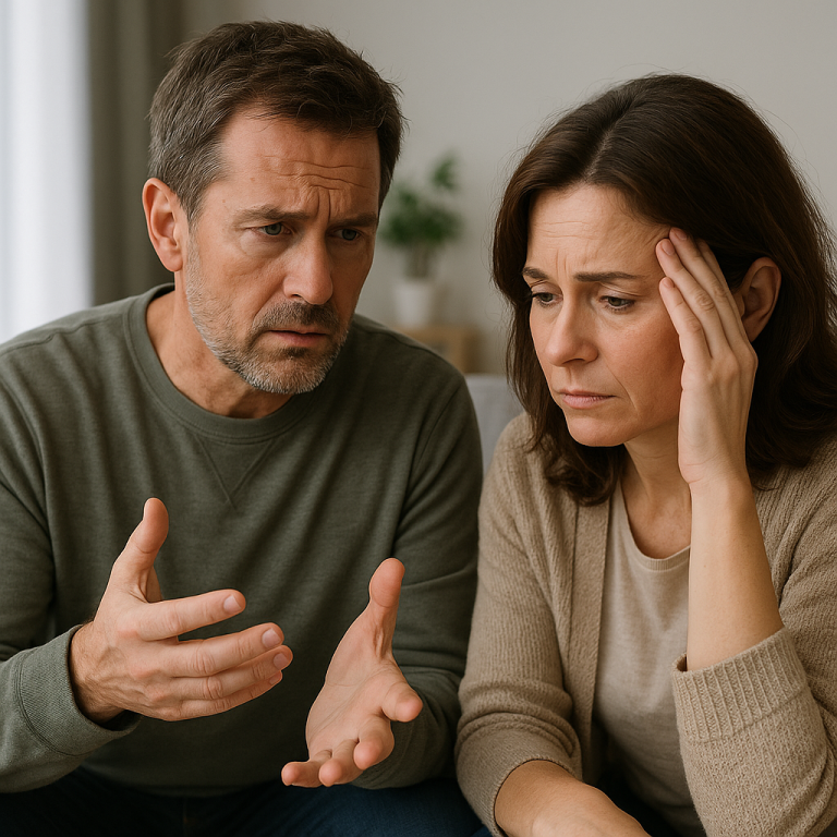 Dos personas adultas discuten con cara de preocupación