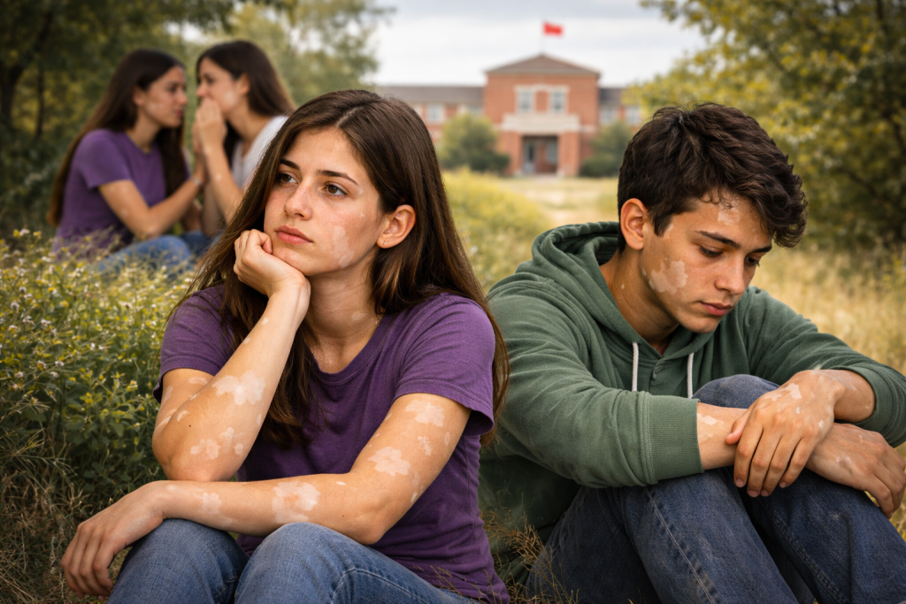 Dos adolescentes con vitíligo con una expresión reflexiva